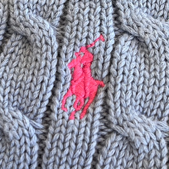RALPH LAUREN Classic Preppy Blue Cable Knit V-Neck Sweater Pink Polo Pony XL NEW - Picture 8 of 12